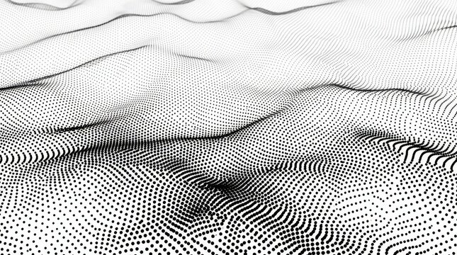 Halftone dots forming a waving surface, data and technology concept, abstract digital landscape, monochrome pattern with depth, clean futuristic composition, no logos