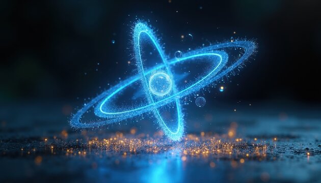 Glowing atomic structure with orbiting electrons hovers, digital model shows nucleus and particles. Science, physics, chemistry, education, quantum research.