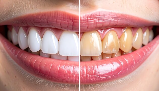 Split view comparing before and after teeth whitening, showing a bright white smile versus stained yellow teeth, highlighting dental care and cosmetic transformation.