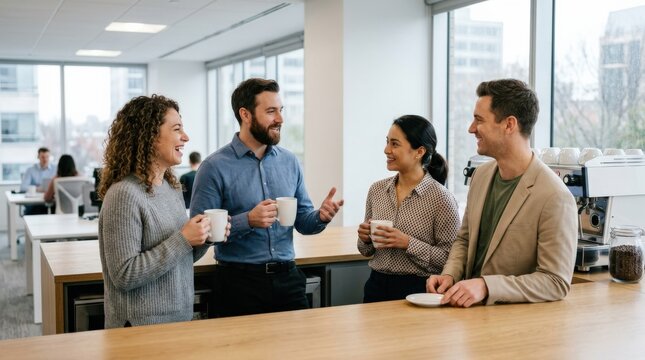 Colleagues enjoying coffee break and informal conversation in office in a polished commercial scene, versatile concept for branding, editorial storytelling and marketing visuals, clean composition,