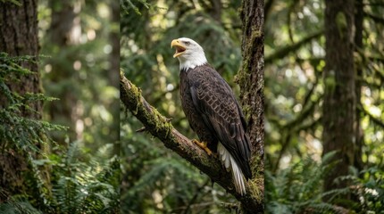 Obraz premium Full-length view of a bald eagle calling while perched in a forest, expressive wildlife portrait with open beak, strong avian presence and natural habitat detail, ideal for birding and conservation