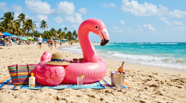 Pink flamingo inflatable with summer accessories on a sandy beach, hello summer concept with vibrant seasonal background and copy space, realistic detail, no logos