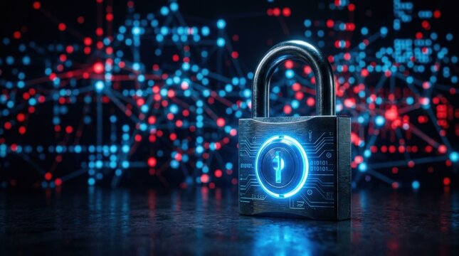 Padlock with glowing blue light on a dark background, cybersecurity and data protection concept with red and blue bokeh, sleek modern atmosphere, realistic detail, no logos