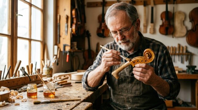 Luthier carefully varnishing violin scroll at workshop, artisan craftsmanship scene with traditional instrument making, warm wood detail and focused precision, natural light, realistic high resolution