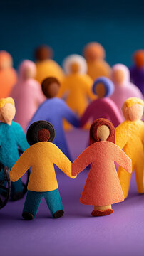 Inclusive Gathering: A vibrant assembly of handcrafted figures, each unique in form and hue, stands united, symbolizing diversity, equality, and the strength found in collective humanity. 
