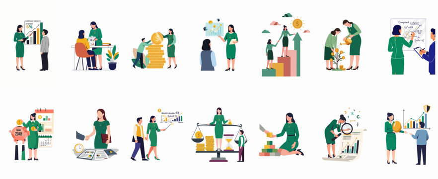 Comprehensive collection of flat business illustrations focused on financial planning, investment strategies, compound interest growth, wealth management, and professional consulting concepts.