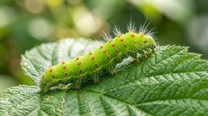 Fototapeta premium Vibrant green caterpillar with orange spots and white hairs resting on a leaf, detailed insect macro with natural texture and vivid color contrast, soft outdoor light, shallow depth of field, no logos