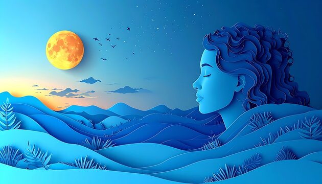 Stylized profile of a woman's face merging with a dreamy blue landscape under a full moon and starry night sky, digital art, serene, mystical, nocturnal