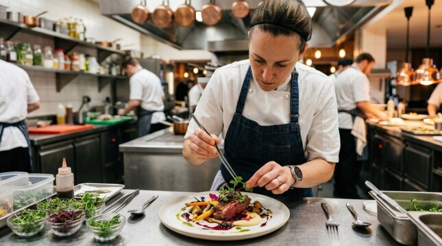 Chef preparing a gourmet dish with microgreens, fine dining food plating and culinary arts concept in a professional restaurant kitchen, realistic detail, no logos