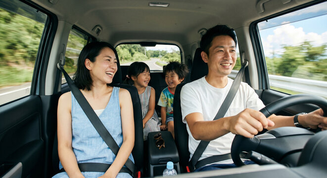 車でドライブを楽しむ笑顔の日本人家族 4人家族 旅行 Generative AI