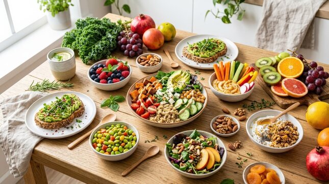 Colorful food items collection arranged in an appealing composition, fresh ingredients and diverse dishes for healthy eating, menu design or culinary background themes, vibrant produce, snacks and