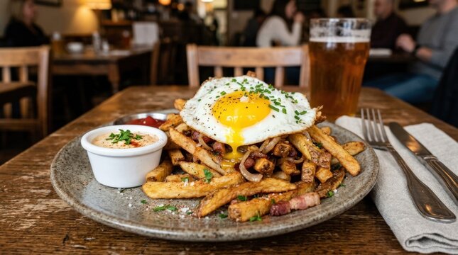 Restaurant dish with egg and fries, hearty plated meal, casual dining concept with appetizing textures, realistic detail, no logos