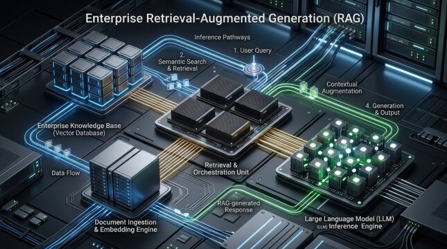 RAG architecture on a modern AI hardware background, enterprise retrieval augmented generation concept with contextual data flow, inference pathways and premium semiconductor textures, dark technology
