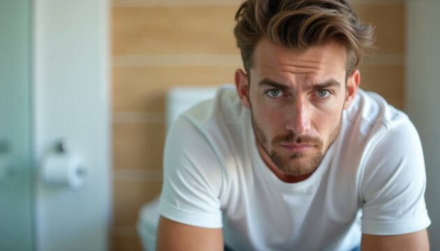 Man with worried face sits on toilet in clean bathroom. He looks uncomfortable and concerned about personal health or hygiene issue. Copy space for text is available.
