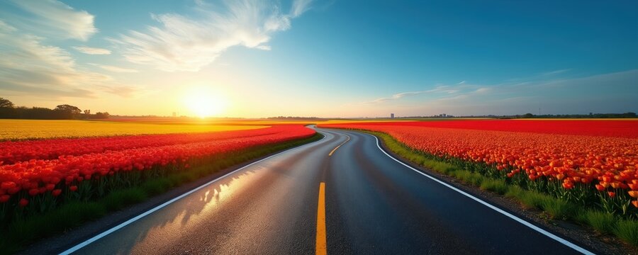 Winding road goes through red and yellow tulip fields. Sunrise casts warm light on blooming flowers and bright blue sky. Peaceful spring journey begins on scenic route.