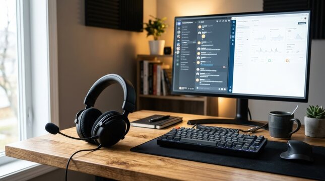 Headset with microphone resting on wooden desk, customer support and gaming workspace concept, clean modern setup, soft light, realistic detail, no logos