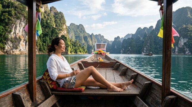 Asian woman relaxing on a Thai longtail boat at Ratchaprapha Dam, Khao Sok National Park, Surat Thani, serene summer travel scene with emerald lake, limestone cliffs and peaceful vacation mood,