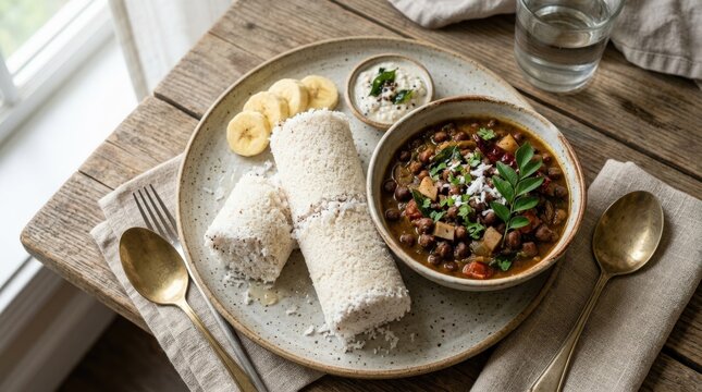 Kerala puttu with kadala curry, authentic Indian cuisine for restaurant menus, delivery and culinary branding, rich texture, appetizing plating, top view or close-up styling, natural light,