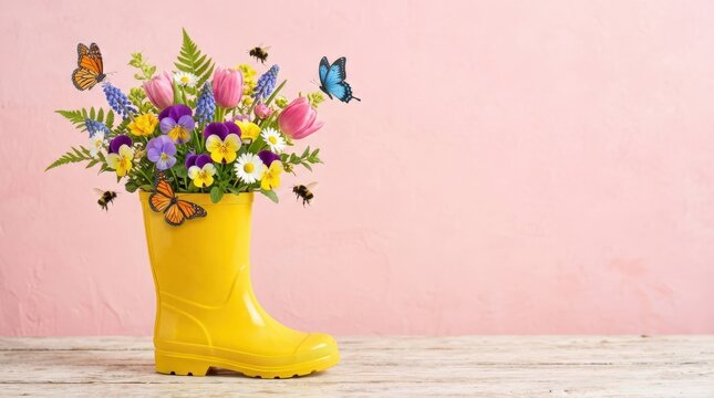 Yellow rubber boot full of colorful spring flowers with butterflies and bees on pink background with copy space. Spring is here concept banner, cheerful spring design with fresh floral color and