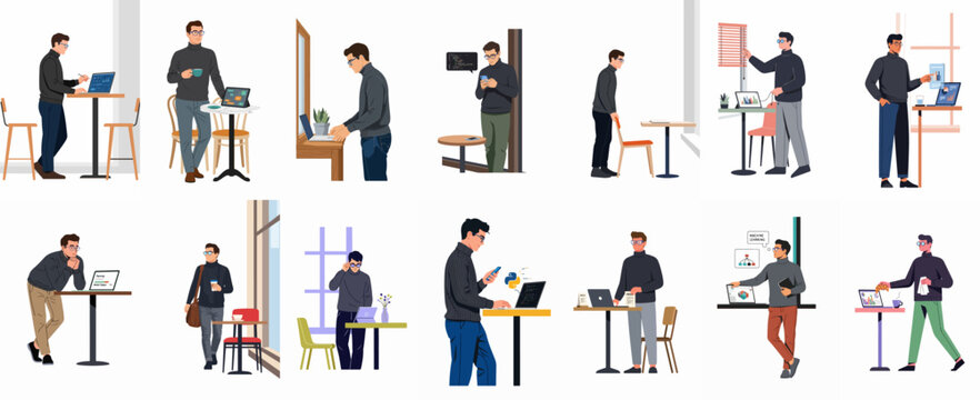 Set of Illustrations Featuring a Young Professional Man Working with Technology in Modern Office and Cafe Environments