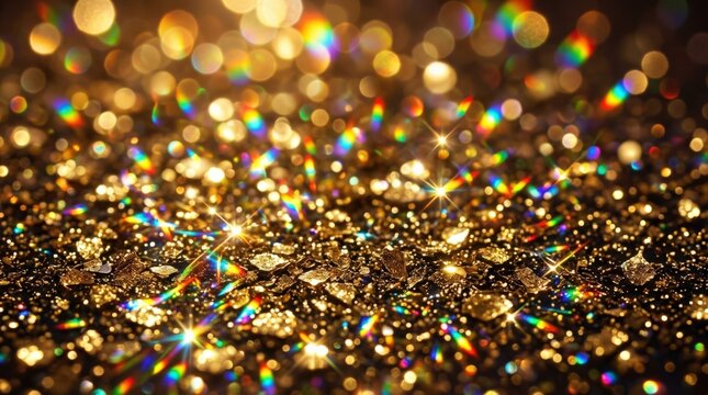 Gold glitter background with rainbow prism sparkle and shimmering bokeh texture, luxurious festive design for celebration, beauty, premium branding and holiday visuals, dazzling abstract light with