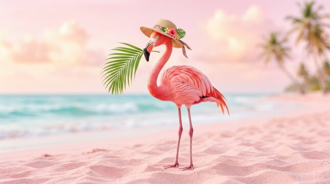 Pink flamingo with hat and palm leaf on pink summer background, playful tropical vacation concept, clean minimal composition, bright realistic detail, no logos