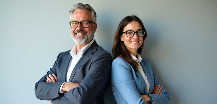 Mature man and young woman in suits smile, arms crossed, standing back to back. Professionals in office attire pose against plain wall. Teamwork and partnership theme.