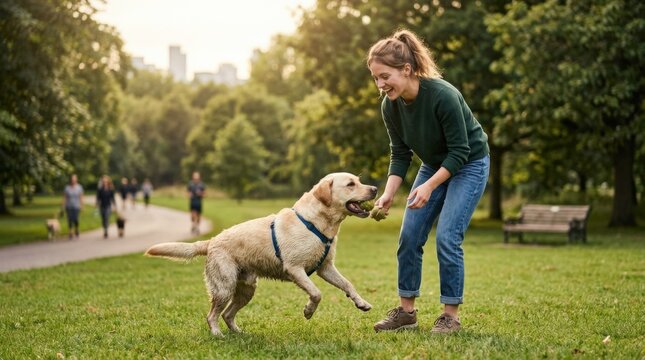 Young woman playing with her energetic Labrador dog in a park, joyful pet owner lifestyle, active outdoor companionship, candid motion and happiness, green urban nature setting, commercial family and