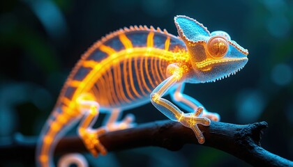 Obraz premium Chameleon anatomy visualized with glowing orange bones and blue translucent skin. Reptile sits on dark branch in jungle. Detailed scientific illustration of vertebrate structure.