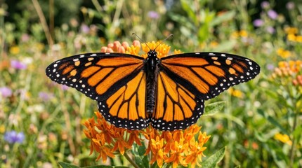 Obraz premium Monarch butterfly with wings spread wide, colorful nature close up, delicate insect detail, soft natural background, realistic detail, no logos
