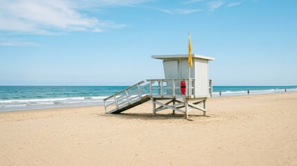 Obraz premium Lifeguard stand on an open beach, coastal safety, summer travel, seaside culture and minimal architectural concept for tourism campaigns, editorial storytelling and destination branding, clean lines