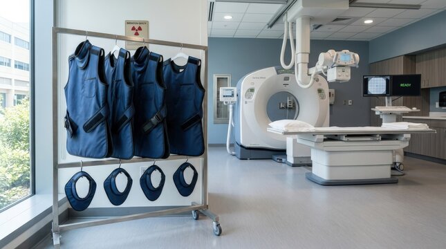 Radiation protection aprons and shielding collars wait in bright diagnostic room, ready for safe medical imaging procedures, modern healthcare interior, medical safety, diagnostic equipment, clinical