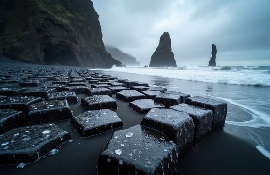 Jagged basalt columns on a black sand beach with waves crashing. Wet, dark rocks form a geometric pattern. Dramatic sea stacks rise from ocean mist under overcast sky. Moody, raw natural beauty.