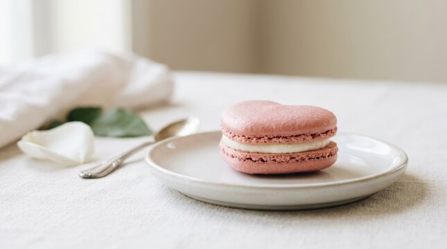 Pink heart macaron close-up, romantic French dessert, delicate pastry texture, elegant sweet treat styling, clean minimal background, no logos