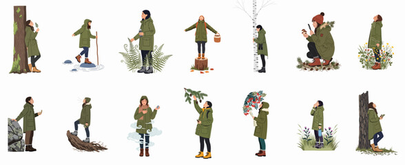 Set of flat illustrations featuring a woman in a green parka enjoying various outdoor activities like hiking, foraging, and connecting with nature. © Telu