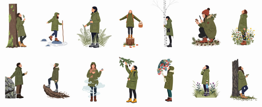 Set of flat illustrations featuring a woman in a green parka enjoying various outdoor activities like hiking, foraging, and connecting with nature.