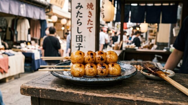 Mitarashi Dango, appetizing Japanese street dessert for food travel, local cuisine, snack culture and menu visuals, glossy sweet glaze with authentic market mood and culinary detail, clean