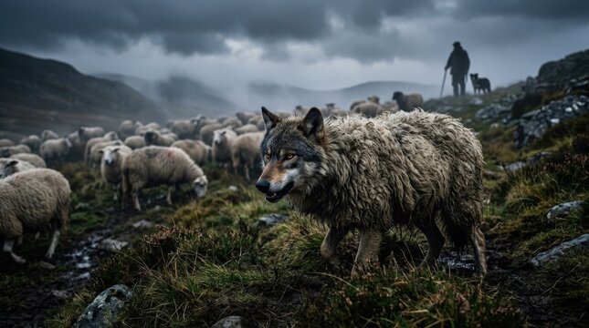 Cunning wolf beneath sheep's wool, deception and hidden danger concept with striking animal symbolism and dramatic storytelling atmosphere, moody light, realistic detail, no logos