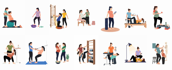 Fototapeta premium Vector illustration set showing pregnant women performing various prenatal exercises and rehabilitation activities with the help of professional instructors and trainers in a gym.