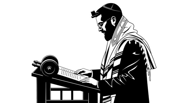 Orthodox Jewish Man Reading Torah Scroll from Bimah, Wearing Tallit and Kippah