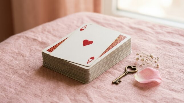 Stack of playing cards with the ace of hearts on top on a soft pink surface, minimal romantic still life with love and gaming symbolism, clean composition, soft studio light, no logos