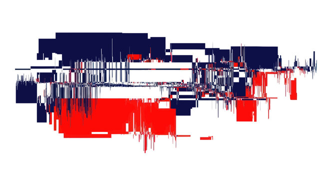 Abstract digital glitch art with red and blue blocks on white background