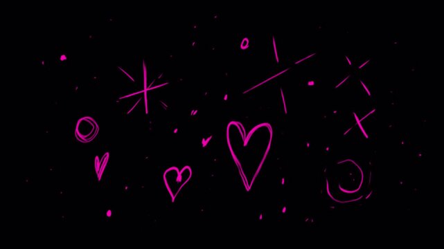 Shimmering gemstones and pink hearts on a black background. Love story effect for overlay in 4K. Stock clip for Valentines Day and love confession. Cute stars and hearts.