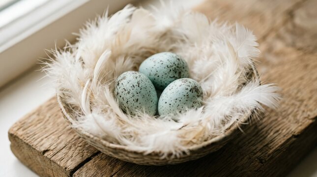 Three blue speckled eggs nestled in soft white feathers, seasonal close-up with refined texture and calm minimal composition, realistic detail, no logos