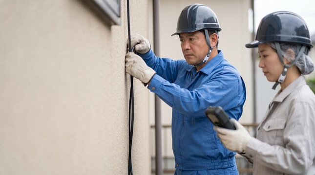 日本人電気工事士の40代男性が住宅の外壁で配線工事を行う様子、テスターを手に数値を測定する女性作業員と背景のコピースペース