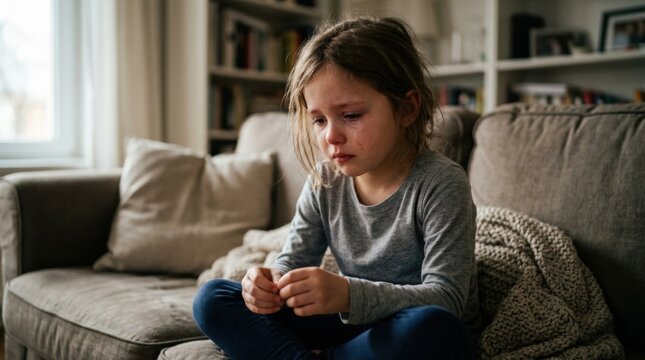 Crying child, depression, sadness and stress concept, emotional portrait with strong mental health and family support appeal, realistic expression, soft indoor light, intimate framing, relatable mood,