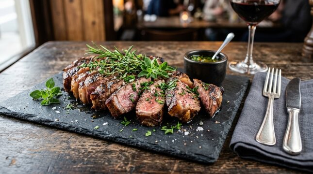 Prime grilled steak slices arranged with vibrant herbs on slate, premium restaurant food concept, juicy meat texture and elegant plating, realistic culinary detail, no logos