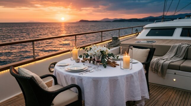 Elegant outdoor dining setup on a yacht during sunset over the ocean, luxury leisure, travel hospitality, romance and refined lifestyle concept for tourism campaigns and editorial storytelling,