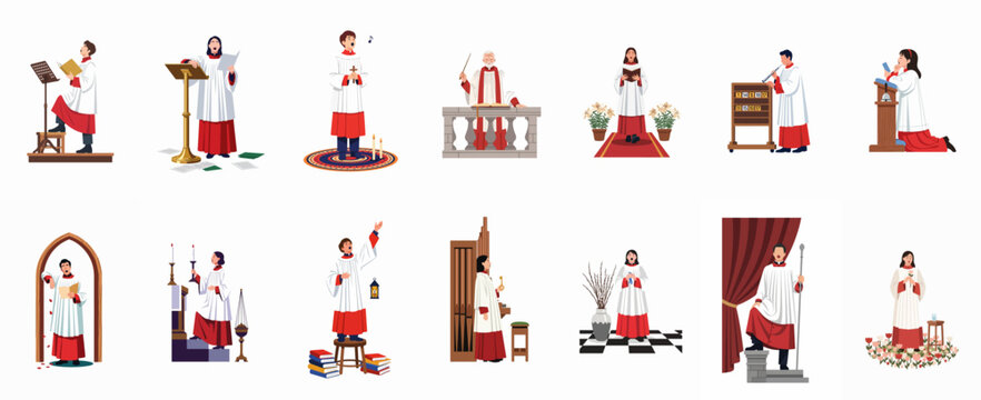 Set of diverse church choir members and altar servers performing various liturgical roles in traditional white and red robes on a white background.