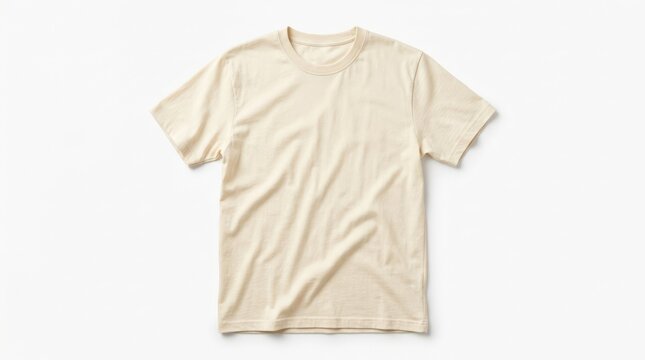 Cream colored short sleeve t shirt mockup isolated on a white background, clean apparel template for fashion presentation with soft fabric folds and minimal product styling, no logos
